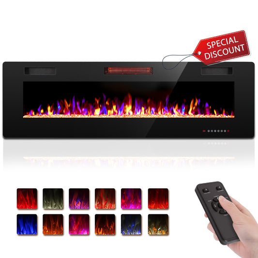 R.W.FLAME  68 Inch Electric Fireplace Ultra Thin Recessed Wall Mounted Design Low Noise  Remote Touch Screen with Timer Adjustable Flame Colors Speeds