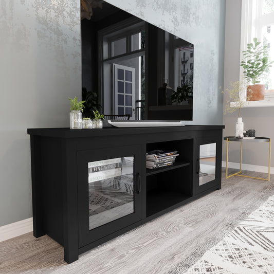 Flash Furniture Sheffield Classic TV Stand for up to 80-in TVs - Modern Black Finish with Full Glass Doors - 65-in Engineered Wood Frame - 3 Shelves
