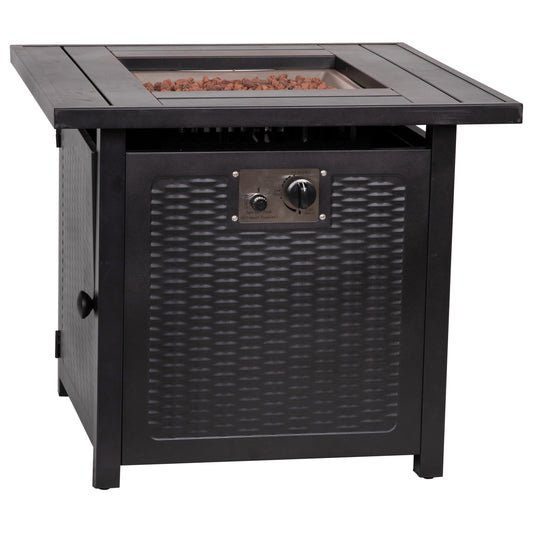 Emma + Oliver Calder 28-in Square 50;000 BTU Propane Fire Table with Black Steel Wicker Motif Frame; Steel Top and Lid; Included Lava Rocks and Hideaway Tank Holder
