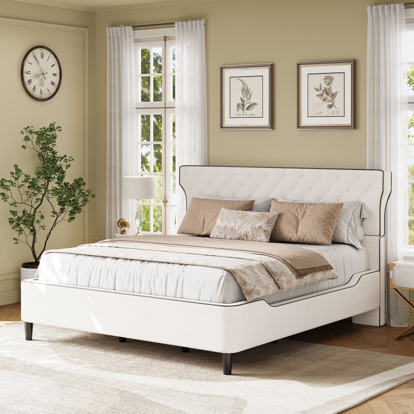 Christopher Knight Home Arth Queen Size Upholstered Platform Bed with Curved Back Headboard and Button Tufted Design- Modern Classic Style Bed Frame- No Box Spring Needed- Easy Assembly- Beige