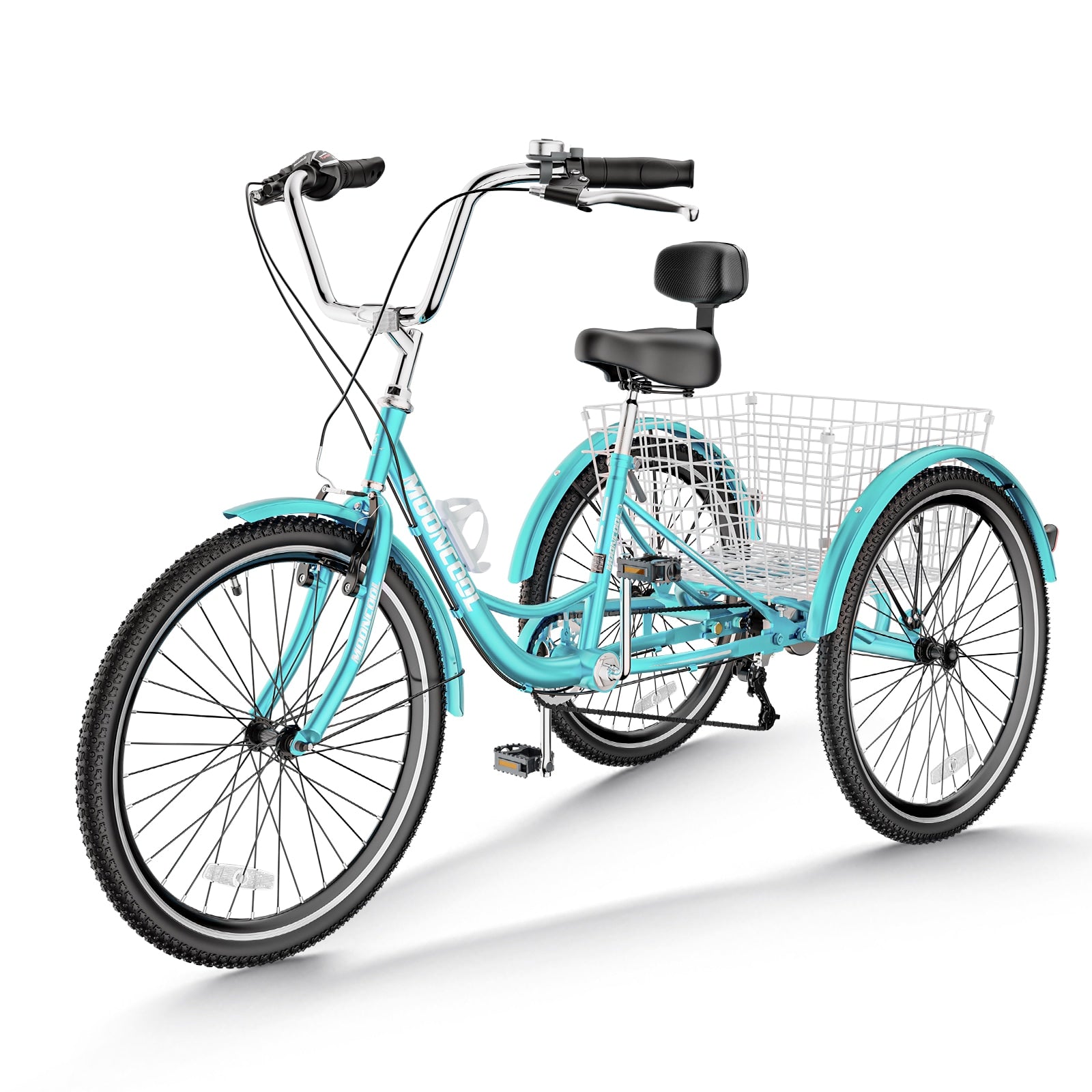 MOONCOOL  24 inch Adult Tricycles 3 Wheel 7 Speed Trikes with Basket Cyan