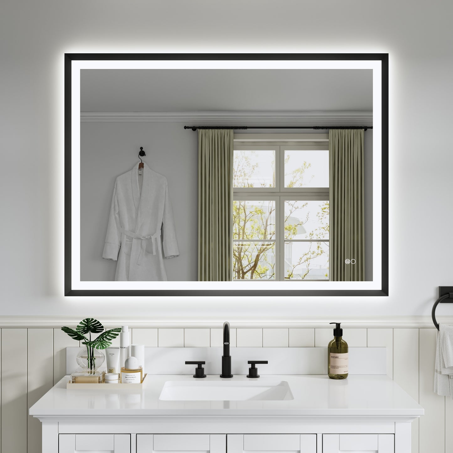 CALVON Liora Framed LED Mirror 48-in x 36-in Framed Rectangle Dimmable LED Lighted Fog Free Bathroom Vanity Mirror ( Black )