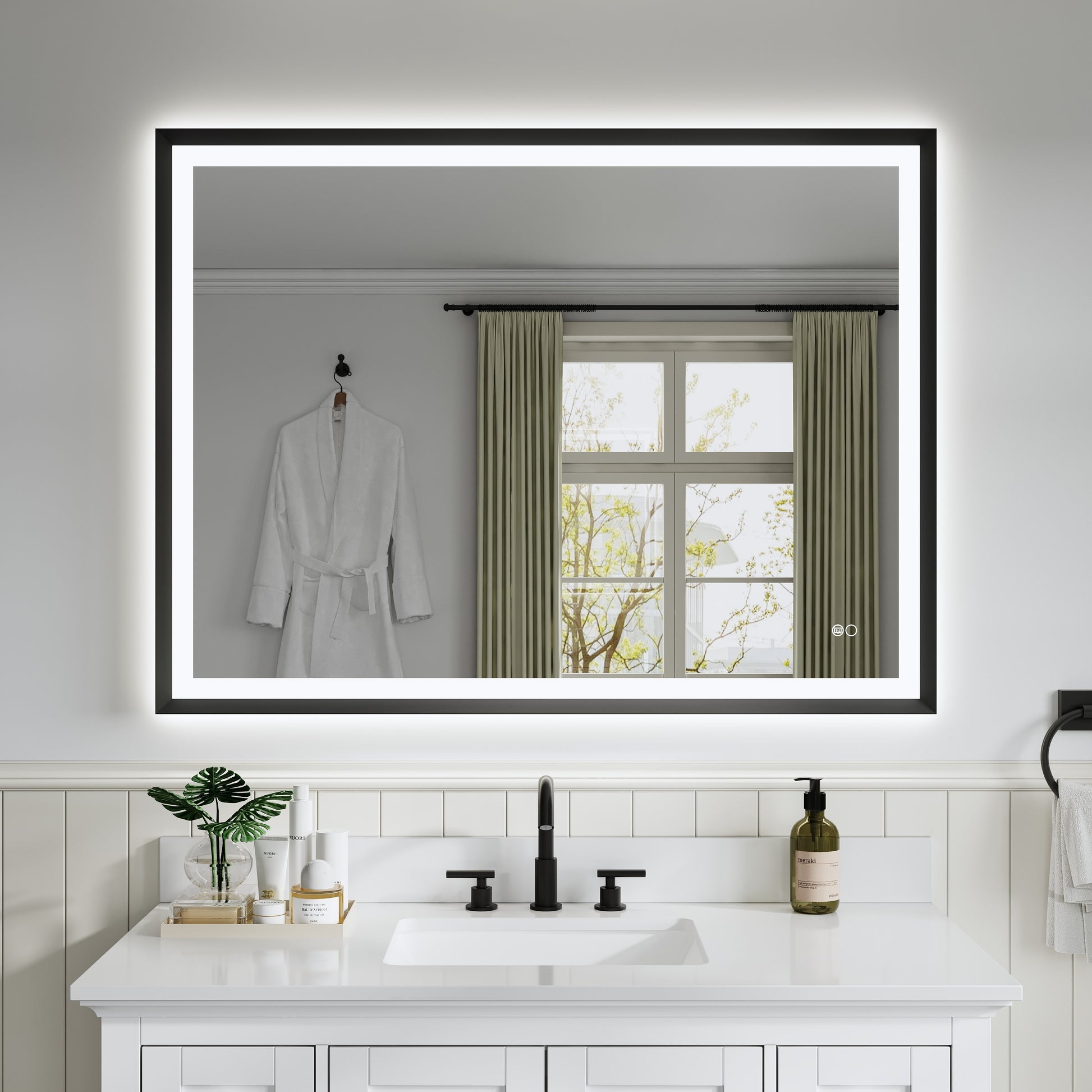 CALVON Liora Framed LED Mirror 48-in x 36-in Framed Rectangle Dimmable LED Lighted Fog Free Bathroom Vanity Mirror ( Black )