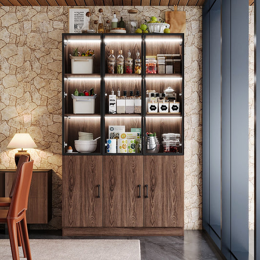   Modern Kitchen Storage Cabinet with Glass Doors and Lights Display Case Cabinet with 3 Tier Shelves Pop-up Design and Aluminum Alloy Frame 47.2''L x 15.7''W x 78.7''H Brown