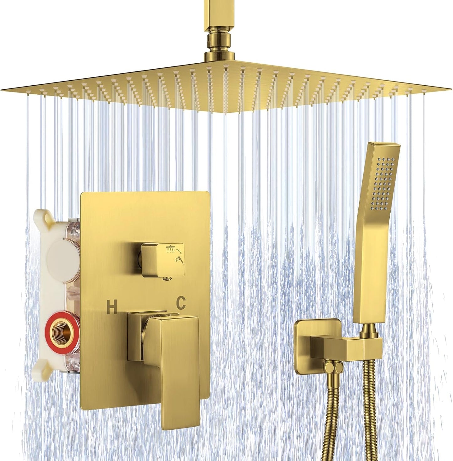 JOMEOOÂ® 12 Inch Brushed Gold Shower System, Ceiling Mounted High Pressure Rain Shower Head with Handheld Sprayer, Bathroom Luxury Gold Shower Head Shower Faucet Set Rough in Valve Body and Trim