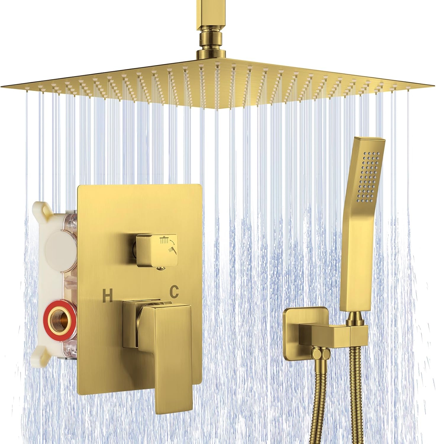 JOMEOOÂ® 12 Inch Brushed Gold Shower System, Ceiling Mounted High Pressure Rain Shower Head with Handheld Sprayer, Bathroom Luxury Gold Shower Head Shower Faucet Set Rough in Valve Body and Trim
