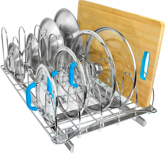 LYNK PROFESSIONALÂ® Pull Out Pot Lid and Cookie Sheet Organizer Rack for Cabinet - Lifetime Ltd. Warranty - Sliding Kitchen Organizers \u2013 Pans, Lids, and Tray Storage - 14W x 21D, Extra-Large, Chrome