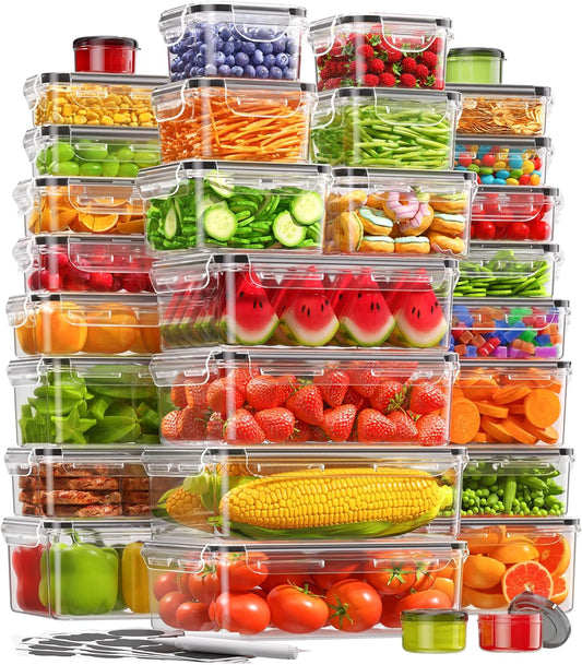 KEMETHY 60 PCS Food Storage Containers with Lids, BPA-Free Plastic Food Containers for Kitchen Storage, Leak Proof, Reusable Meal Prep Containers with Labels & Pen