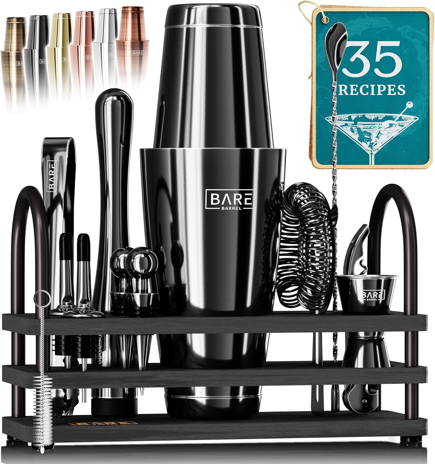 BARE BARRELÂ® Mixology Bartender Kit Bar Set | 14-Piece Cocktail Shaker Set | Martini Barware Mixing Tools for Home Bartending | 35 Recipe Cards | Gift Set (28oz Boston Shaker, Jet Black\/Black)