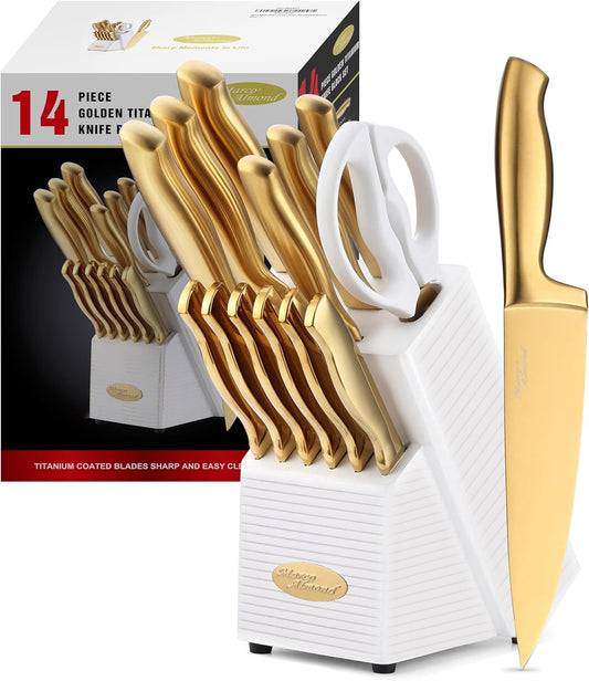 Marco AlmondÂ® Gold Knife Set, Knife Block Set MA21,Titanium Coated 14 Pieces Stainless Steel Chef Gold Kitchen Knife Sets with White Block