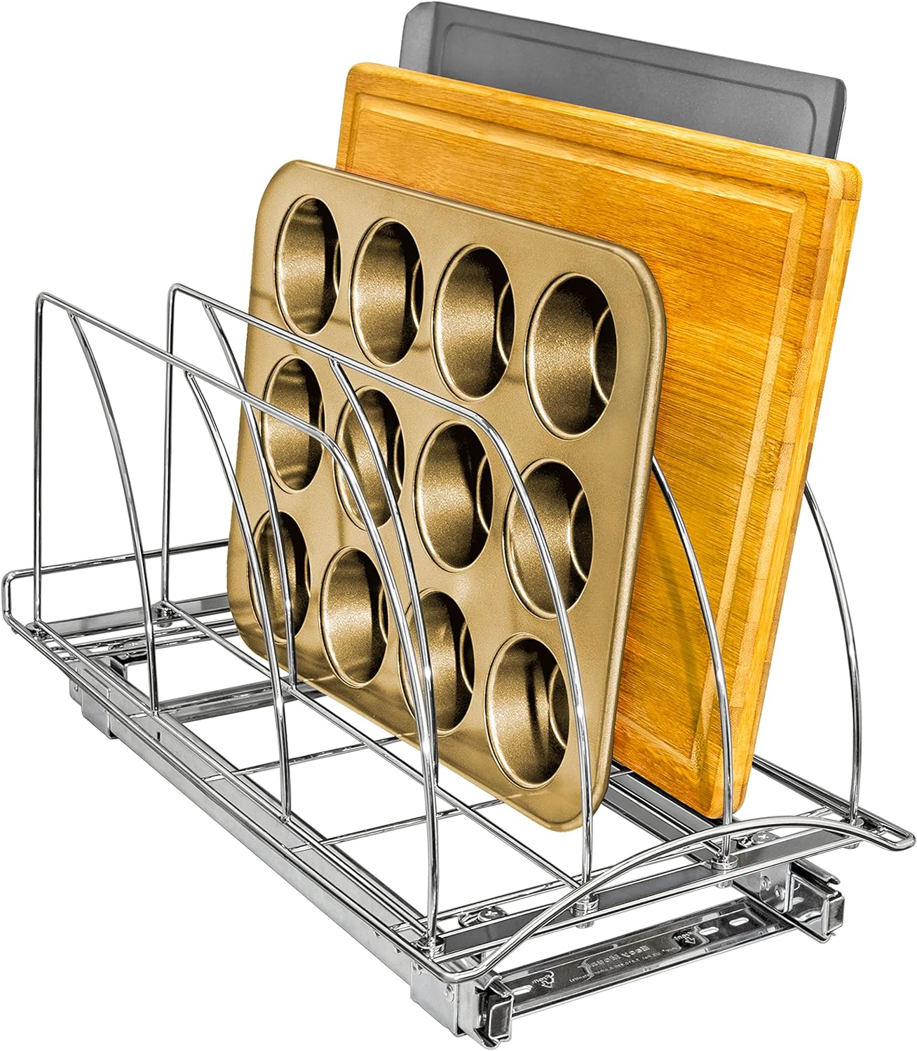 LYNK PROFESSIONALÂ® Pull Out Cutting Board, Cookie Sheet, and Baking Pan Organizer Rack - Lifetime Ltd. Warranty - Slide Out Kitchen Cabinet Storage Organizers \u2013 10\u201D x 21\u201D Deep - Pullout Shelf, Chrome