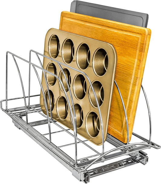 LYNK PROFESSIONALÂ® Pull Out Cutting Board, Cookie Sheet, and Baking Pan Organizer Rack - Lifetime Ltd. Warranty - Slide Out Kitchen Cabinet Storage Organizers \u2013 10\u201D x 21\u201D Deep - Pullout Shelf, Chrome